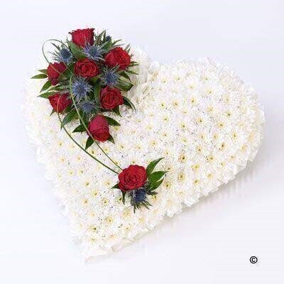 <h2>Classic Heart-Shaped Design with Red Roses | Funeral Flowers</h2>
<ul>
<li>Approximate Size W 50cm H 50cm</li>
<li>Hand created white heart in fresh flowers</li>
<li>To give you the best we may occasionally need to make substitutes</li>
<li>Funeral Flowers will be delivered at least 2 hours before the funeral</li>
<li>For delivery area coverage see below</li>
</ul>
<br>
<h2><br />Liverpool Flower Delivery</h2>
<p>We have a wide selection of Funeral Hearts offered for Liverpool Flower Delivery. Funeral Hearts can be provided for you in Liverpool, Merseyside and we can organize Funeral flower deliveries for you nationwide. Funeral Flowers can be delivered to the Funeral directors or a house address. They can not be delivered to the crematorium or the church.</p>
<br>
<h2>Flower Delivery Coverage</h2>
<p>Our shop delivers funeral flowers to the following Liverpool postcodes L1 L2 L3 L4 L5 L6 L7 L8 L11 L12 L13 L14 L15 L16 L17 L18 L19 L24 L25 L26 L27 L36 L70 If your order is for an area outside of these we can organise delivery for you through our network of florists. We will ask them to make as close as possible to the image but because of the difference in stock and sundry items, it may not be exact.</p>
<br>
<h2>Liverpool Funeral Flowers | Hearts</h2>
<p>This beautiful classic heart-shaped design covered with a mass of white double spray chrysanthemums and finished with a spray of red roses, eryngium and ruscus.</p>
<br>
<p>When a heart is sent as a funeral tribute it is symbolic of comfort in ones last resting place. It makes deeply personal statement that is indicative of the love and compassion felt by immediate family or closely bereaved.</p>
<br>
<p>Contents of the product:18 inch heart frame, 25 white chrysanthemums, 8 red roses, 2 blue eryngium together with steel grass and ruscus.</p>
<br>
<h2>Best Florist in Liverpool</h2>
<p>Trust Award-winning Liverpool Florist, Booker Flowers and Gifts, to deliver funeral flowers fitting for the occasion delivered in Liverpool, Merseyside and beyond. Our funeral flowers are handcrafted by our team of professional fully qualified who not only lovingly hand make our designs but hand-deliver them, ensuring all our customers are delighted with their flowers. Booker Flowers and Gifts your local Liverpool Flower shop.</p>
<p><br /><br /></p>
<p><em>Jane Catherine and family - Review by post - Funeral Florist Liverpool</em></p>
<br>
<p><em>Thank you so much for the amazing flowers you arranged for our mum she would have loved them. Love Jane, Catherine and family</em></p>